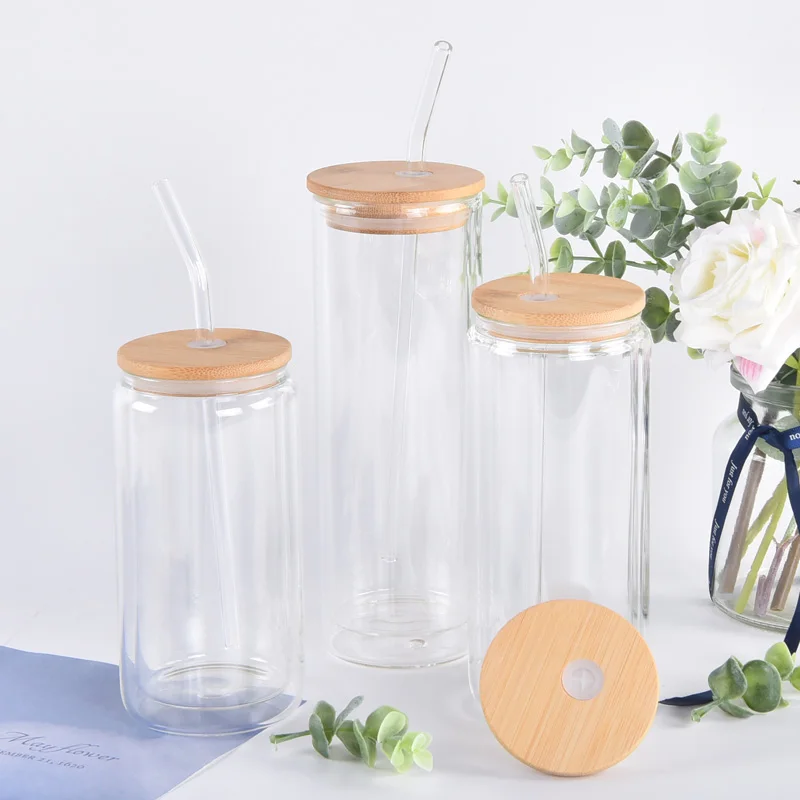 16Oz 20Oz 16 Oz Sublimation Glasses Frosted Clear Blank Snow Globe Tumbler Glass Beer Can Shaped Bamboo Lid Set Cup