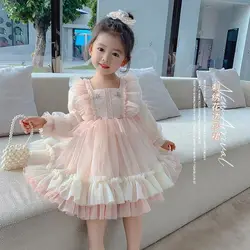 Pink 3d Lolita Style Flower 2 year old   Kids Toddler Little Girls Dresses Autumn Lace tutu Girls Princess Dresses