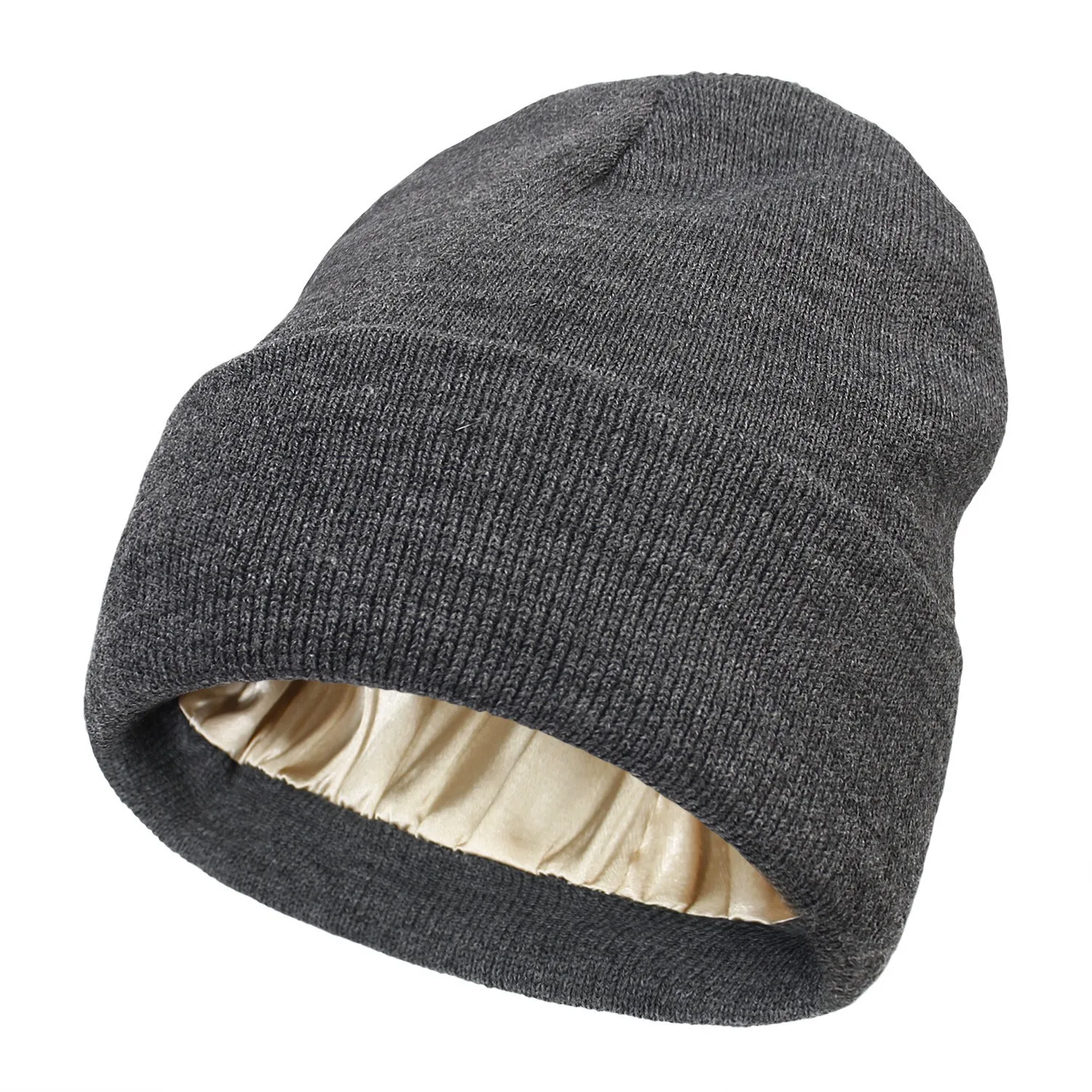 Wholesale Unisex Satin Lined Beanie Hat Eco-Friendly Winter Windproof Warm Thick Knitted Beanie Breathable Satin Lining Beach