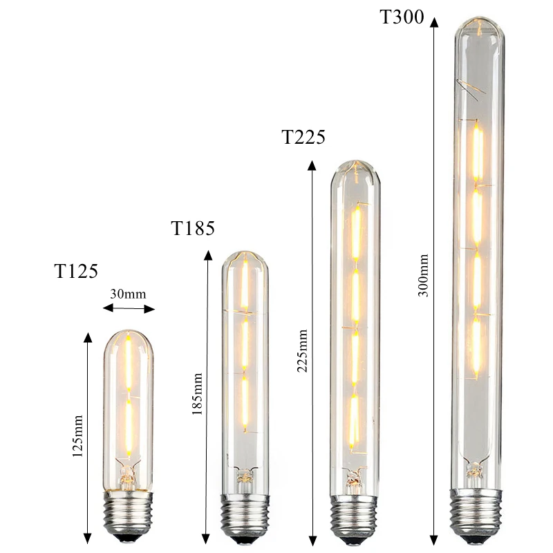T30 T125 T225 T300 decorative long vintage tubular dimmable led filament bulb light