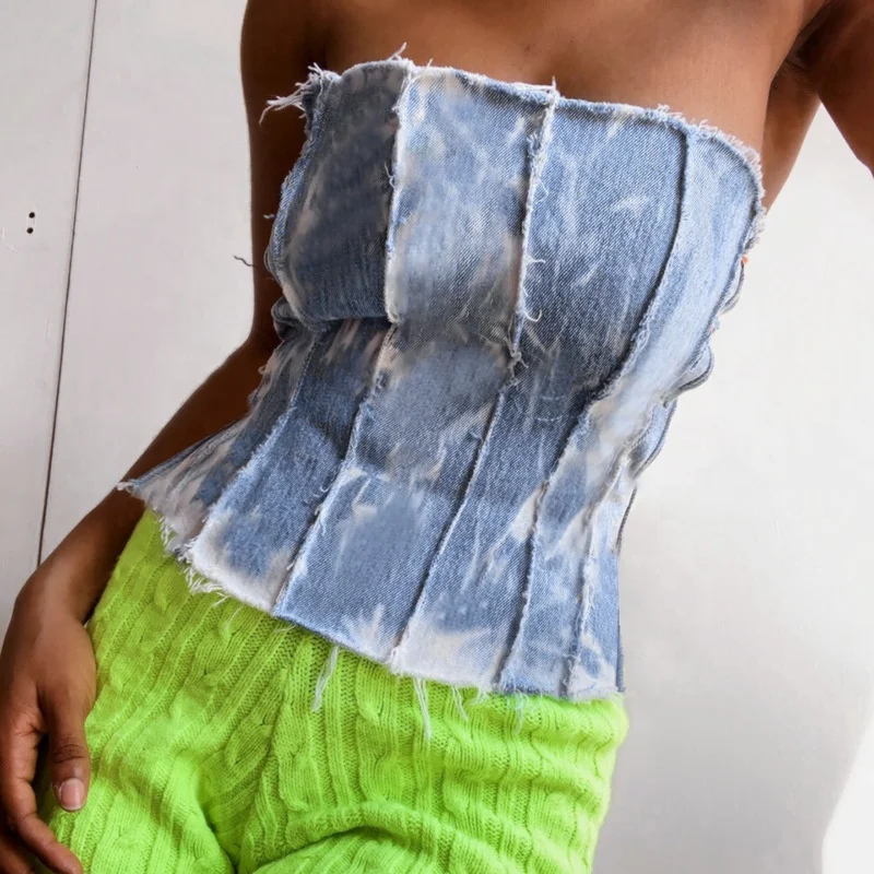 Z13174 Fashion Sexy Tie Dye Denim Camis Skinny Hollow Out Back Bandage Bustier Strapless Corset Jeans Crop Tops for Women Crop