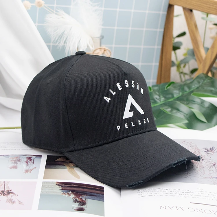 5 panel mid profile distressed baseball cap customised black unisex cotton printed baseball caps