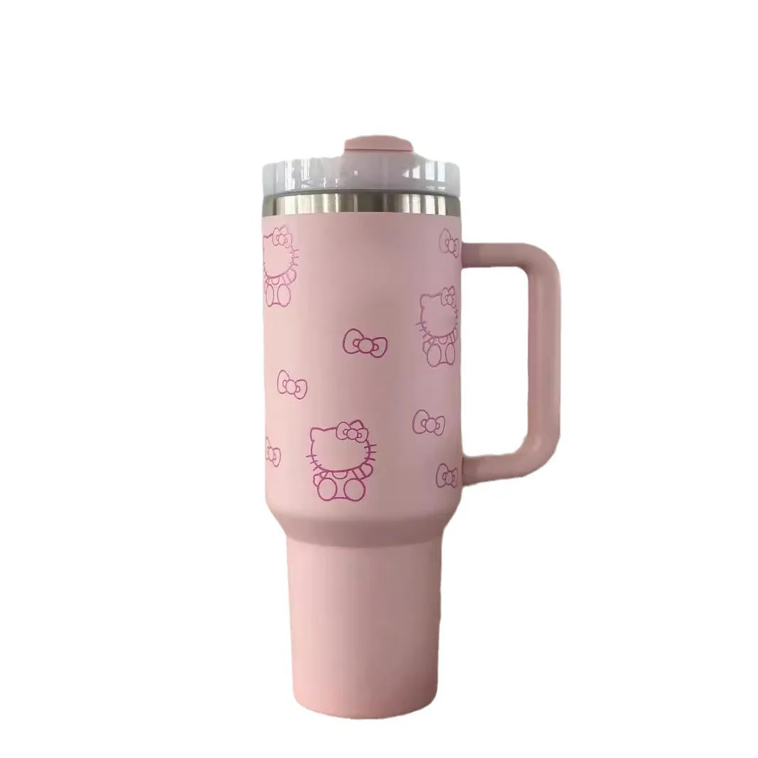 2024 New hot-selling cartoon kt cat head cute pattern thermos cup 40OZ portable straw 1.8 liter cold insulation car cup