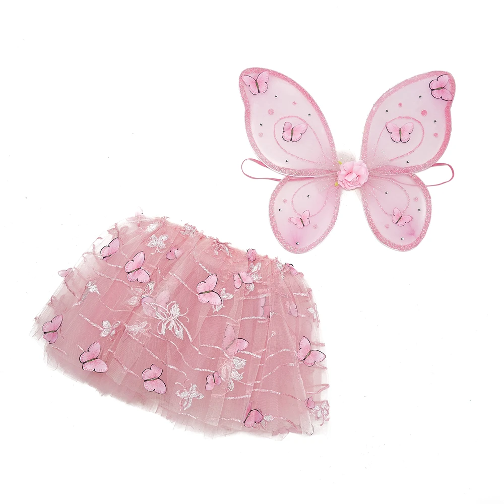 Tutu Pink Fluffy Butterfly Tulle Dress + Pink Rose Fairy Butterfly Wings Tutu Set Princess Dress for Girls Children Mini Lace
