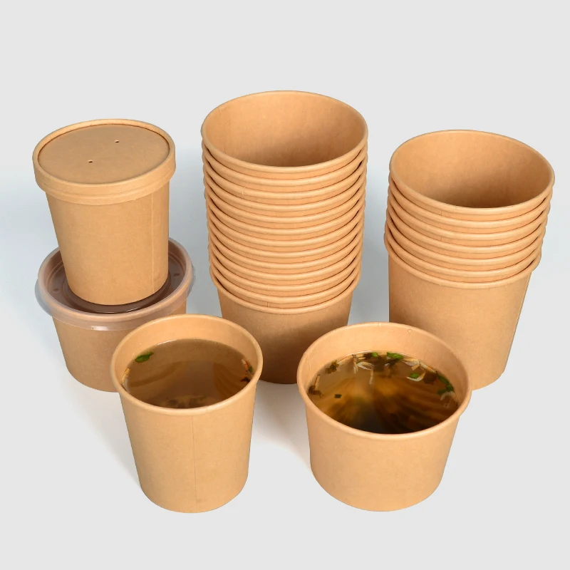 SenAng Disposable kraft paper soup cup bowl with paper lid take away lunch packing takeout food packaging bucket