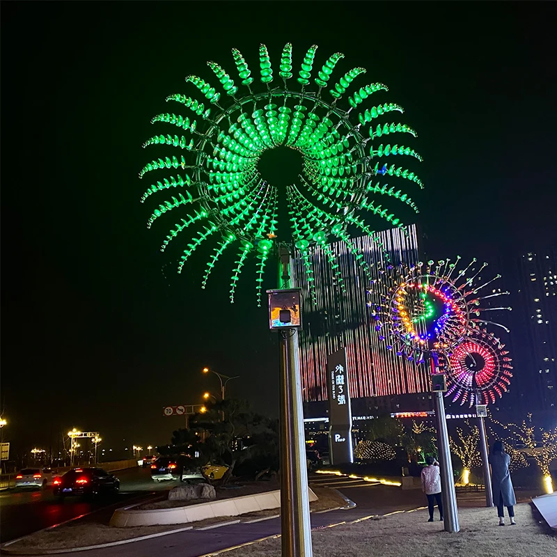 Customize large scale outdoor LED lighted colorful wind spinner stainless steel giant kinetic sculpture for park decor