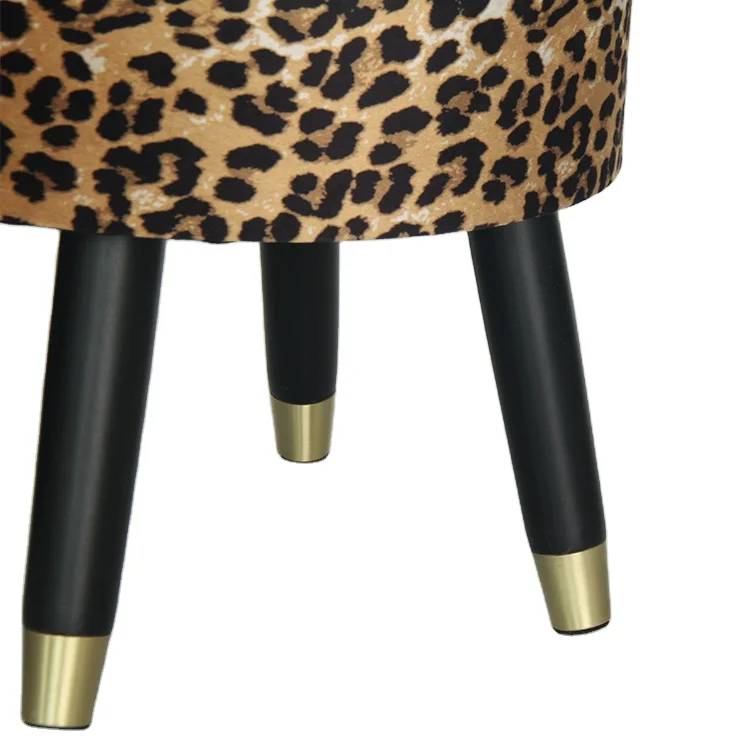 Leopard Print Space Saving Velvet Storage Foot Pouf Ottoman Stool with Wooden Legs