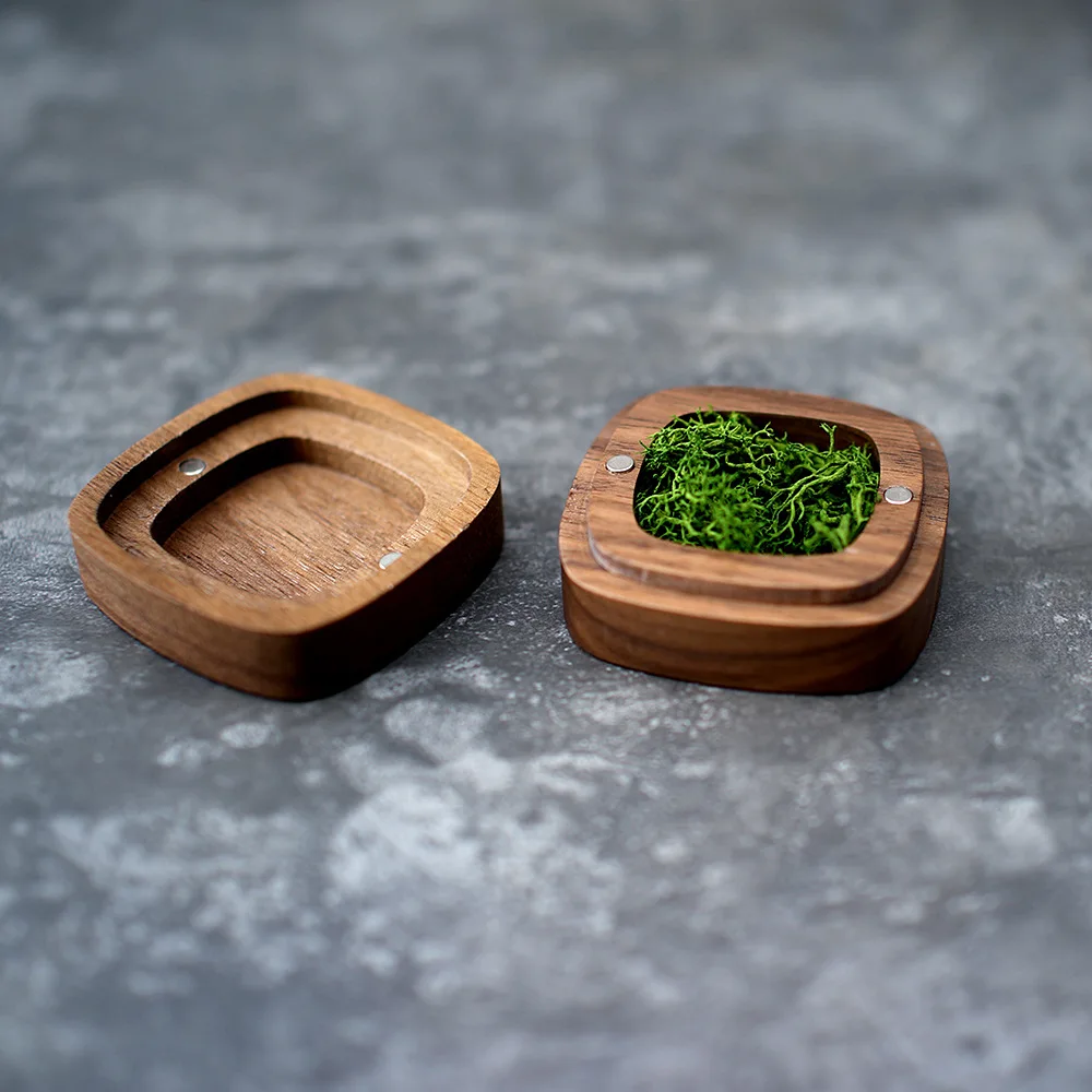 Square Shape Magnet Sealing Black Walnut Jewelry Packaging Box Wedding Ring Box With Custom Laser Logo