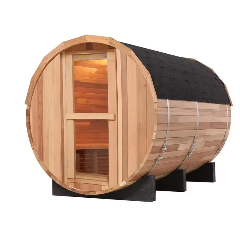 Custom Size Traditional 6KW Harvia Stove Red Cedar Outdoor Barrel Sauna Room with Tempered Glass Door