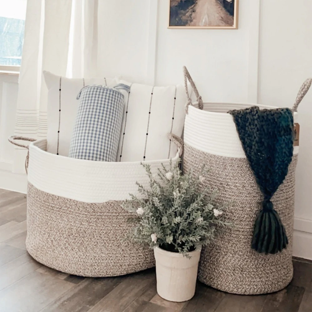 Foldable New Style Large Cotton Rope Woven Laundry Storage Basket With Long Handles