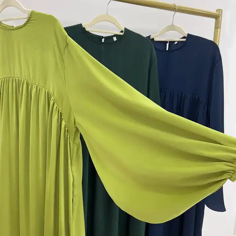 Balloon Sleeve Velvet Satin Abaya With Pockets New EID Fashion Wholesale High Quality Muslim Women Modest Dress Islamic Clothing