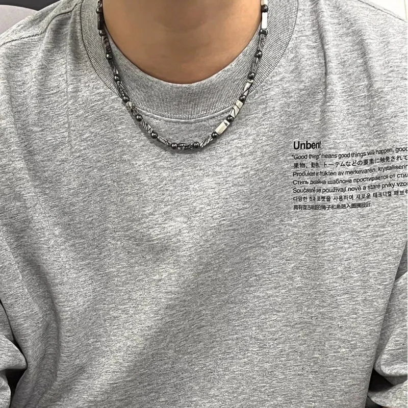 Woying Personalized Natural Stone Hematite Round Beaded Vintage Adjustable Choker Necklace For Men