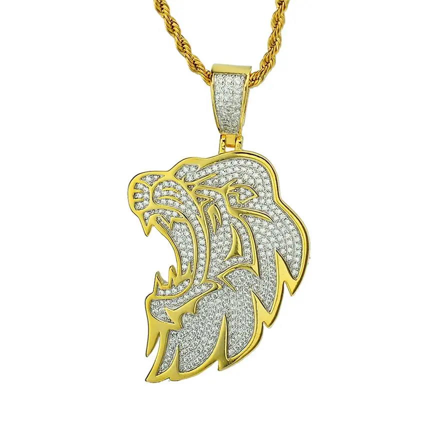 Fashion High Quality Hip Hop Jewelry Latest  Ice Out Zircon Diamond Lion Large Gold Plated Brass Tiger Pendant