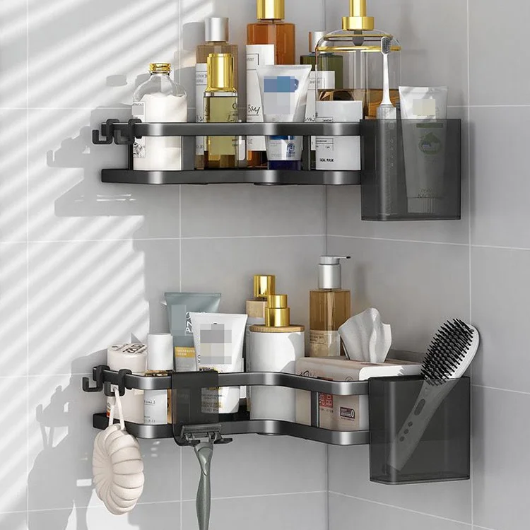 No Drilling Wall Mounted Metal Bathroom Organizer Adhesive Corner Shower Caddy With Plastic Cup
