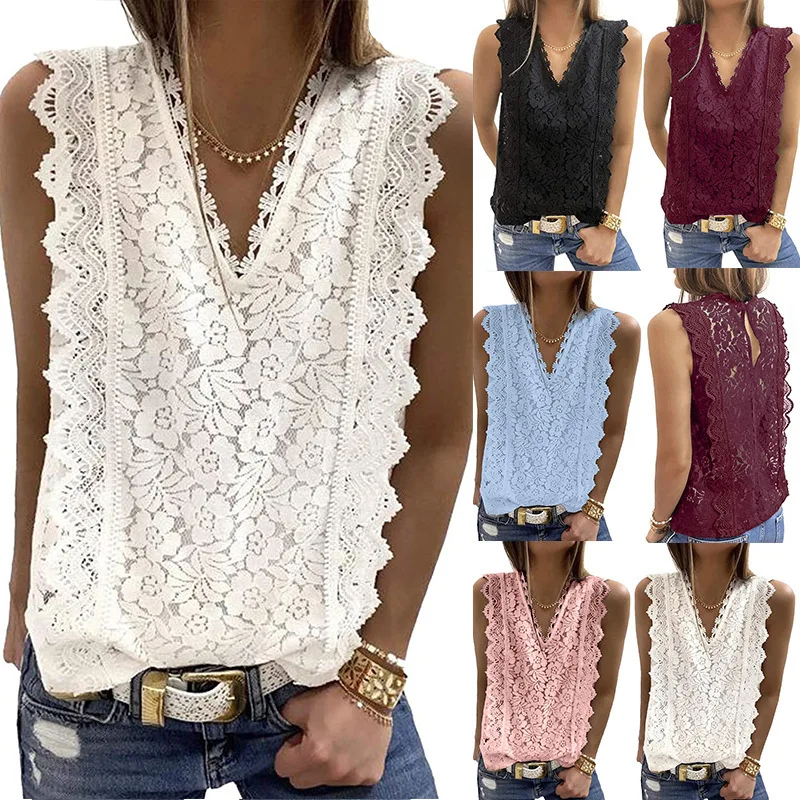 Summer 2022 Crochet Lace Tank Tops Solid Color V Neck Sleeveless Hollow Out Blouse Casual Vest