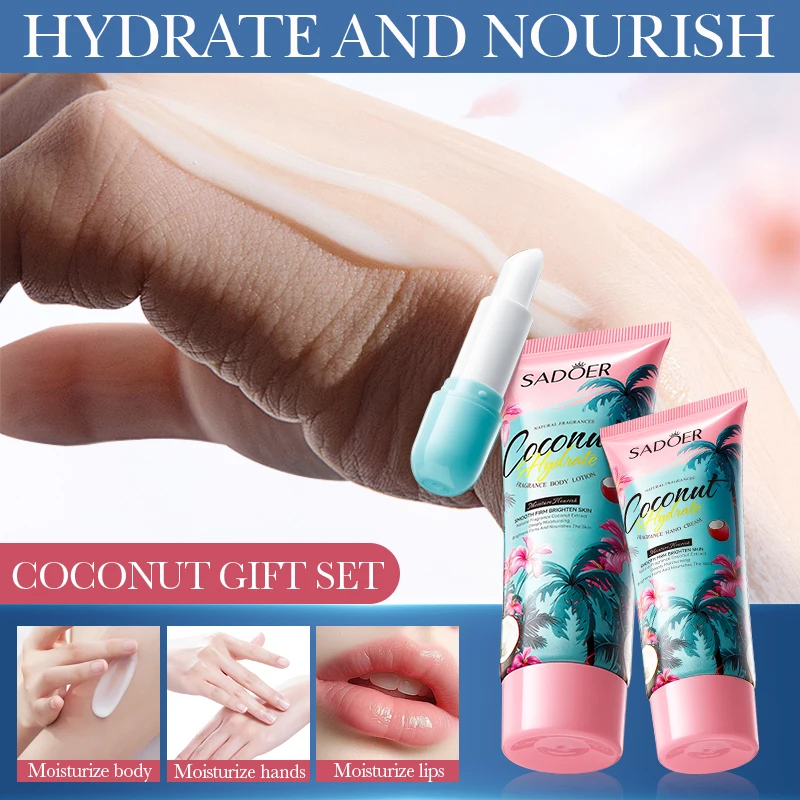SADOER Coconut Hydrating Fragrance Body Lotion Cream Hand Cream Nourish Lips Balm Moisturizing Whitening Nursing Set Improve Dry