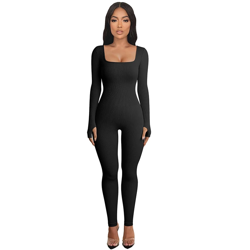Women Yoga Legging Jumpsuit Workout Ribbed Long Sleeve Sport Jumpsuits