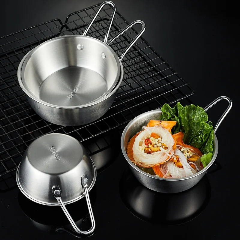 Korean Style Stainless Steel  304 round Rice Wine Bowl Noodle Hotel Barbecue Camping with Handle Gold Silver food kitchen basin