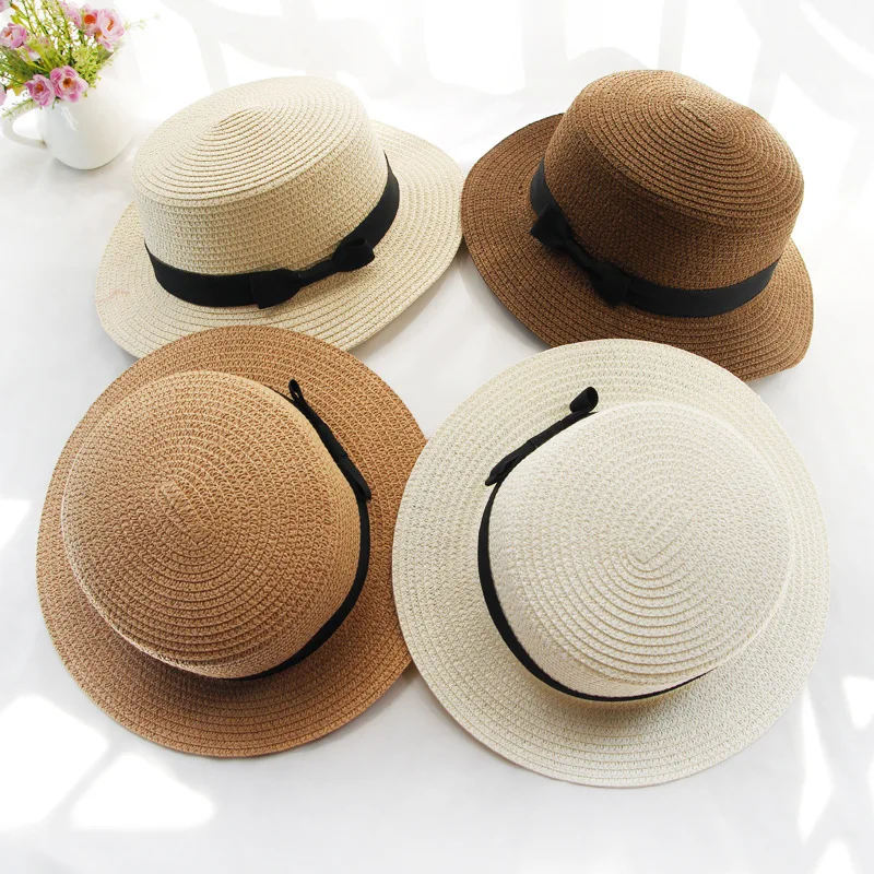 
Wide Brim with bowknot paper boater flat top collapsible straw female visor beach hat Floppy travel straw hat 