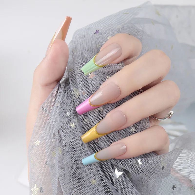 24pcs/Set Detachable Long Coffin Fake Nails European Rainbow Ballerina Full Nail Art Tips Colorful Beauty Artificial False Nails