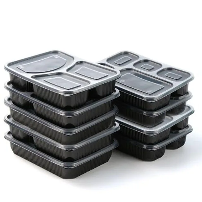 Leakproof 3 Compartment Disposable Food To Go Box Green Plastic Packaging Container With Lids For Food