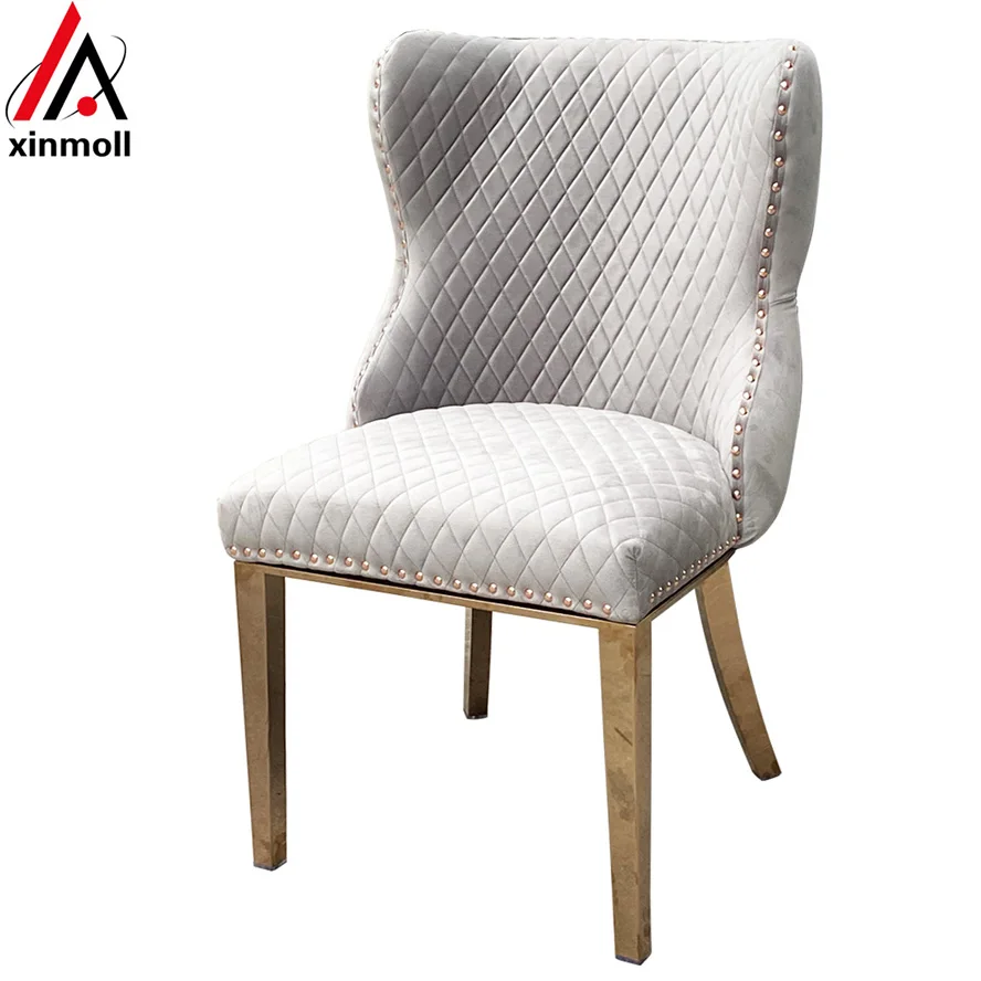 Luxury Salon chair stainless steel Velvet Upholstered Wing-Back Dining Chair with stitching Nailhead Trim & gold chrome legs