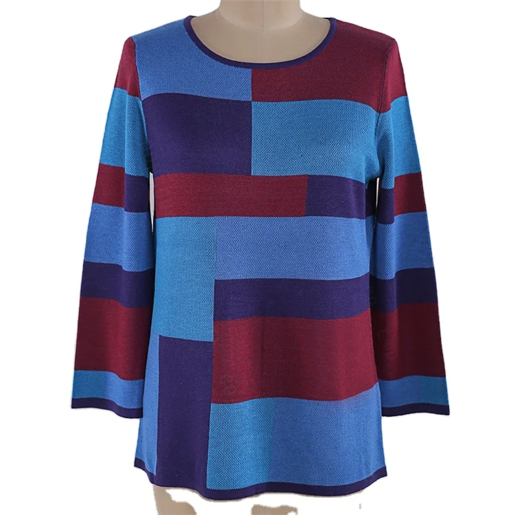 
High Quality A Sweater That Covers Fat Blue And Red Sweater Knit Pullover Round Neck 