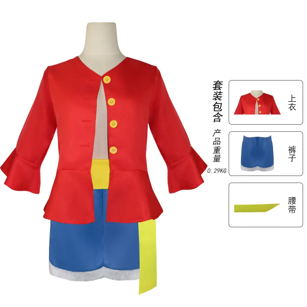Anime One Pieced Cosplay Monkey D Luffy 1st Costume Full Set Uniforms Adult Halloween Party Wear (Tops+Shorts+hat)