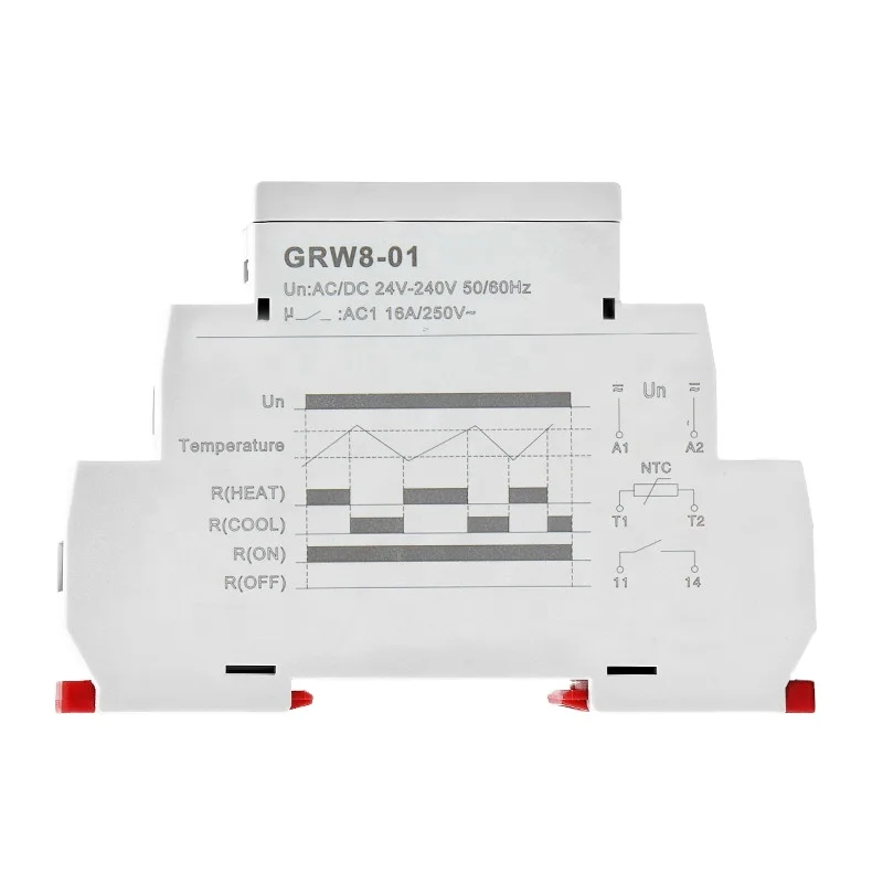GEYA NEW GRW8-01 Din Rail Temperature Control Relay AC DC 24V-240V Wide Range Voltage With Waterproof Sensor