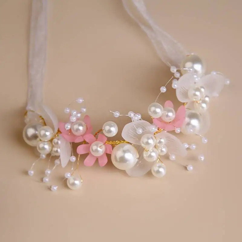 American European Wedding Bride Photo Headdress Bride Flower Wreath with Pearl Garland Beads Hair Accessories for Girls