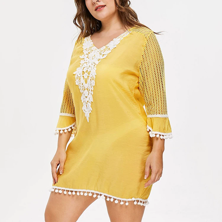 High Quality Summer Lady Yellow Plus Size Women Long Sleeve Dress For Fat Women