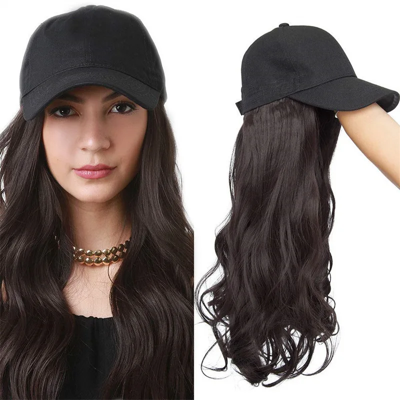 Wholesale Super Quality Long Wavy Natural Wig With Hat Women Heat Resistant Synthetic Hair Wigs Artificial Hair Fiber