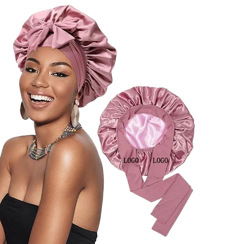 Custom LOGO Extra Large Diameter Royal Satin Silk Sleeping Bonnet Hair Satin Sleeping Bonnets for Women
