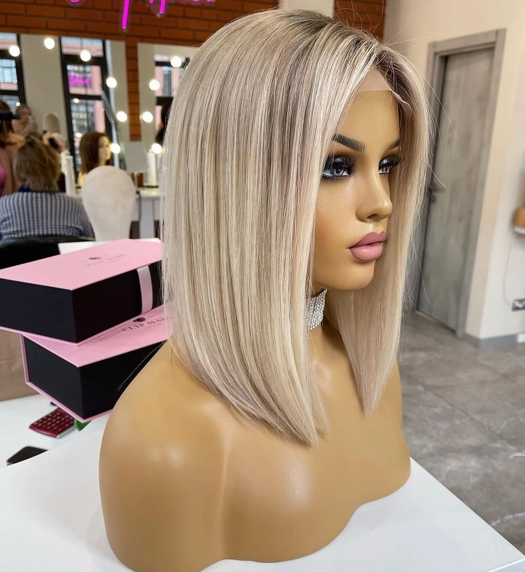 Silk Base Jewish Wig Highlight Ash Blonde Color Bob Style Popularity Remy European Human Hair Lace Front Wigs