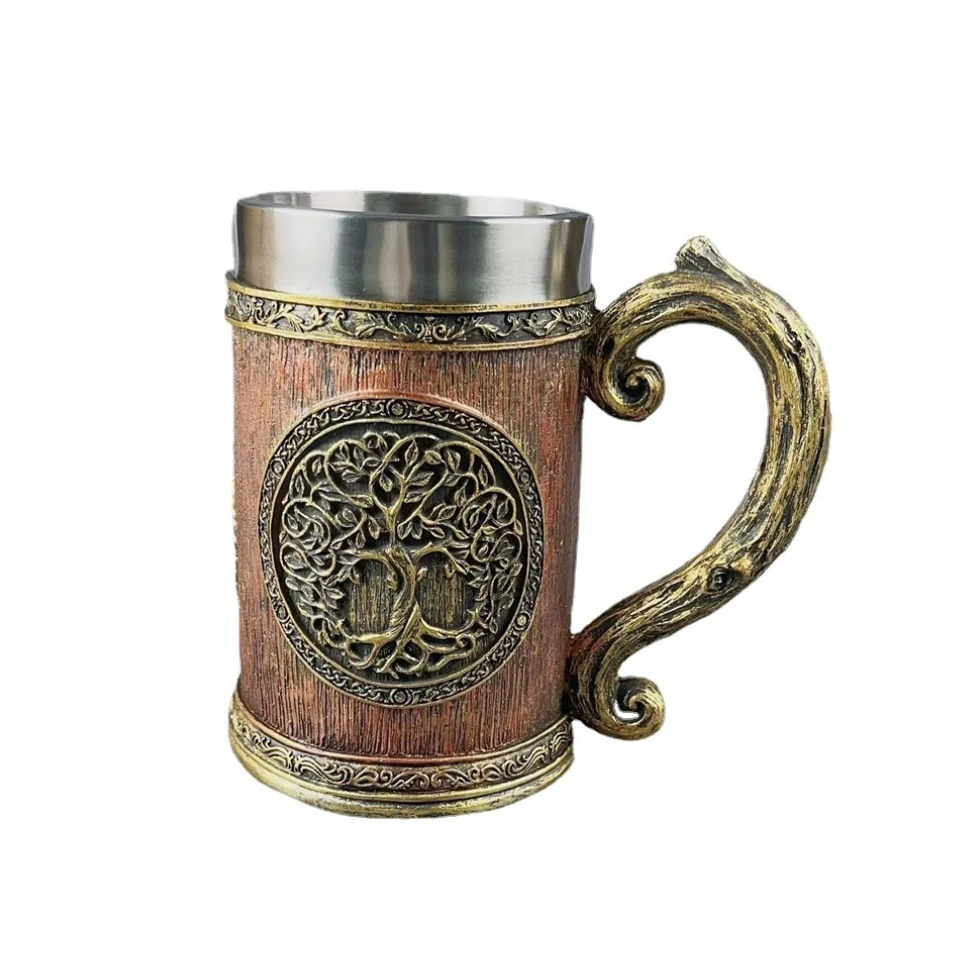 Norse Tree of Life Viking Mug Resin&Stainless Steel Beer Cup Celtic Tree Mug Halloween Gift 600ml