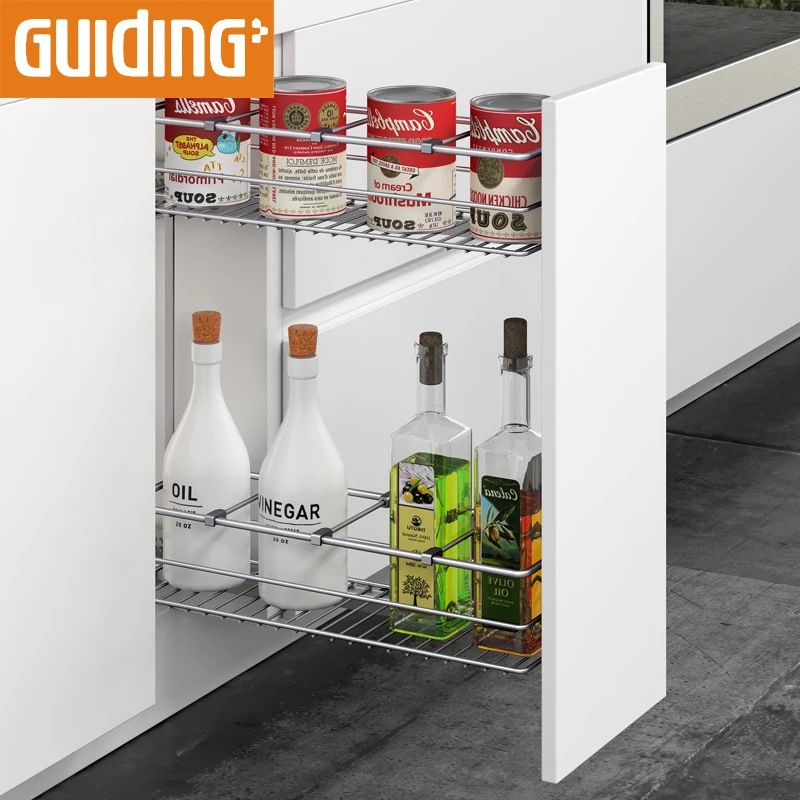 Kitchen cabinet accessories chrome color narrow storage basket with bottom wire for spice and pantry-soft closing