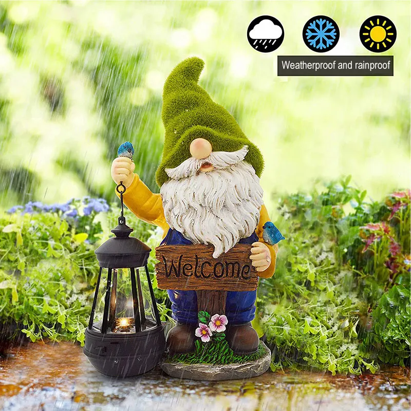 Garden Sculptures Gnome Statue Resin Figurine With Solar Light and Welcome Sign for Outside Patio Yard Lawn Decor