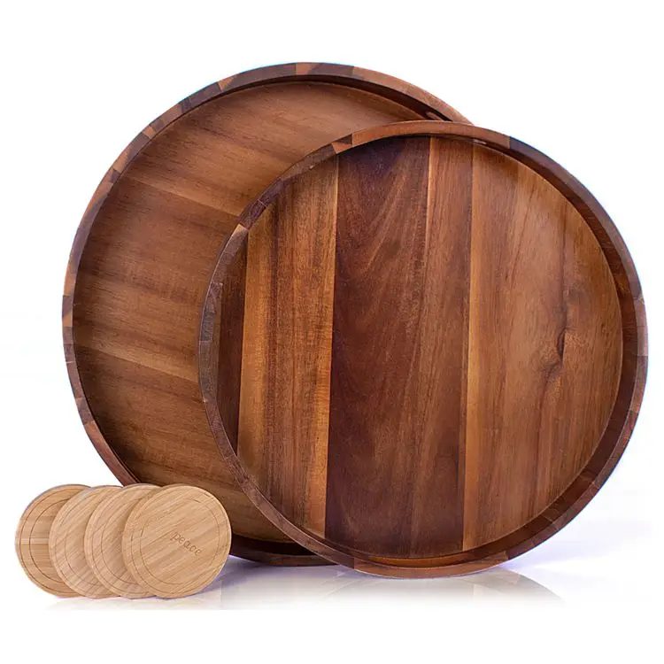 Factory Price custom acacia round wood food tray wooden serving tray with handle