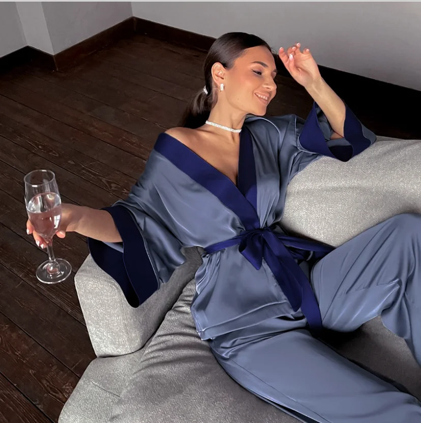 Кардиган женский атласный из высококачественного шелка бандажный комплект 2 предметов с брюками 13