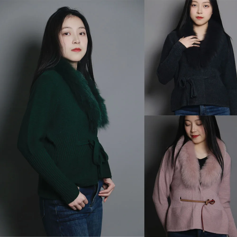 New Arrival Wool Blended Ladies Knit Belted Short Cardigan With Fur Collar