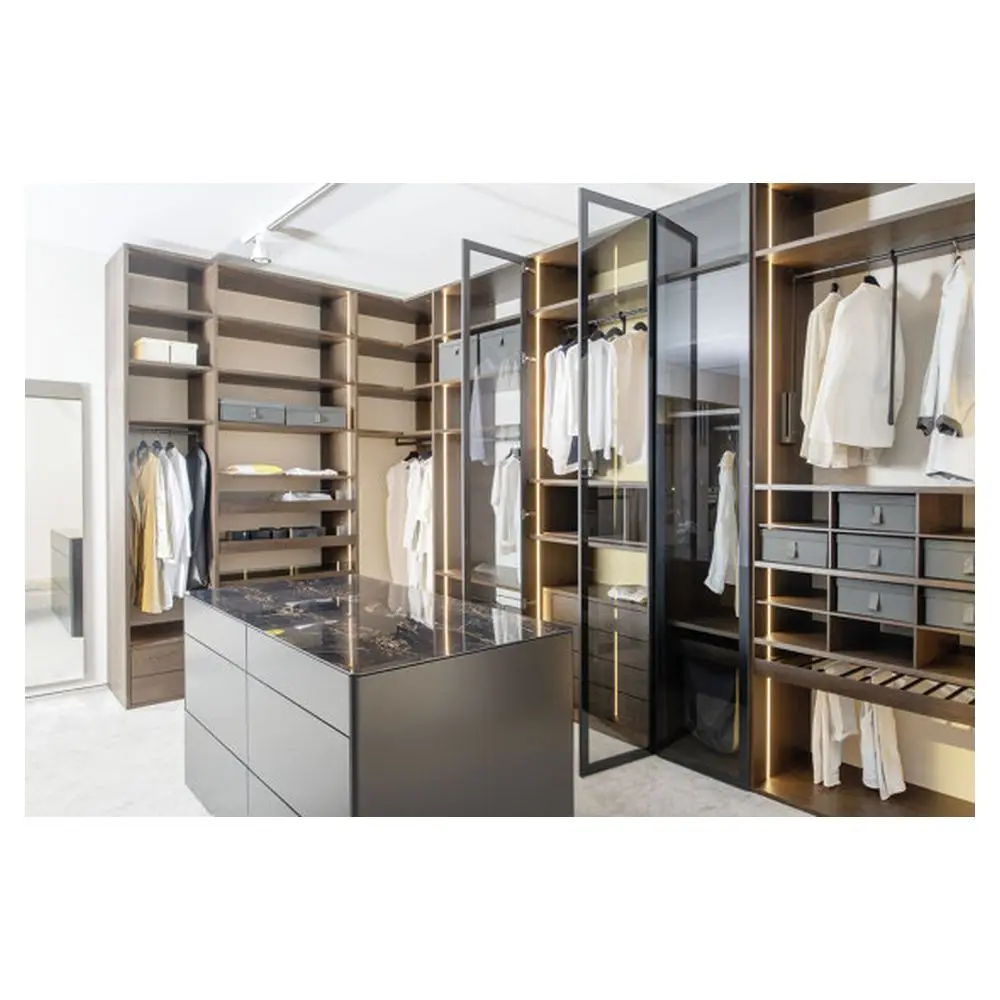 Glass Door with Door Lighting Wooden Modern Household Hotel Multi Story Wardrobe