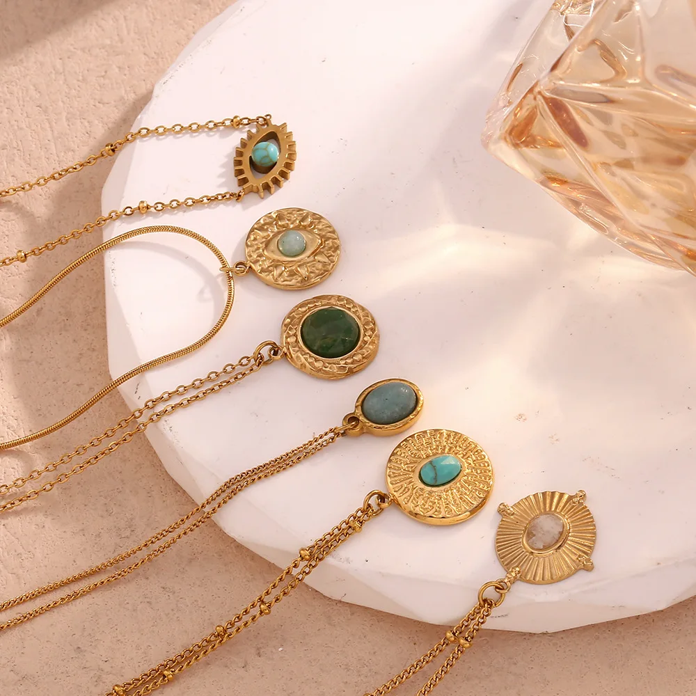 Vintage Palace Style High-end Women Jewelry 316L Stainless Steel 18K Gold Plated Natural Stone Marble Shell Pendant Necklace