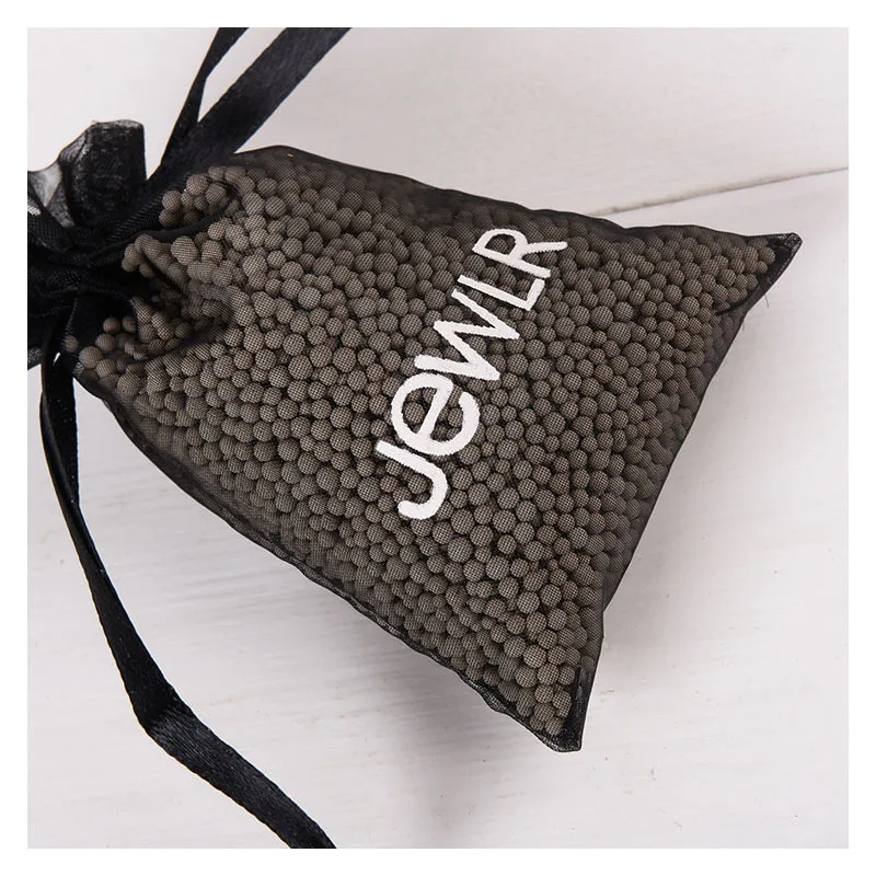 
Personalized costmetic jewelry gift packaging organza drawstring pouch black custom with white print organza bags logo 