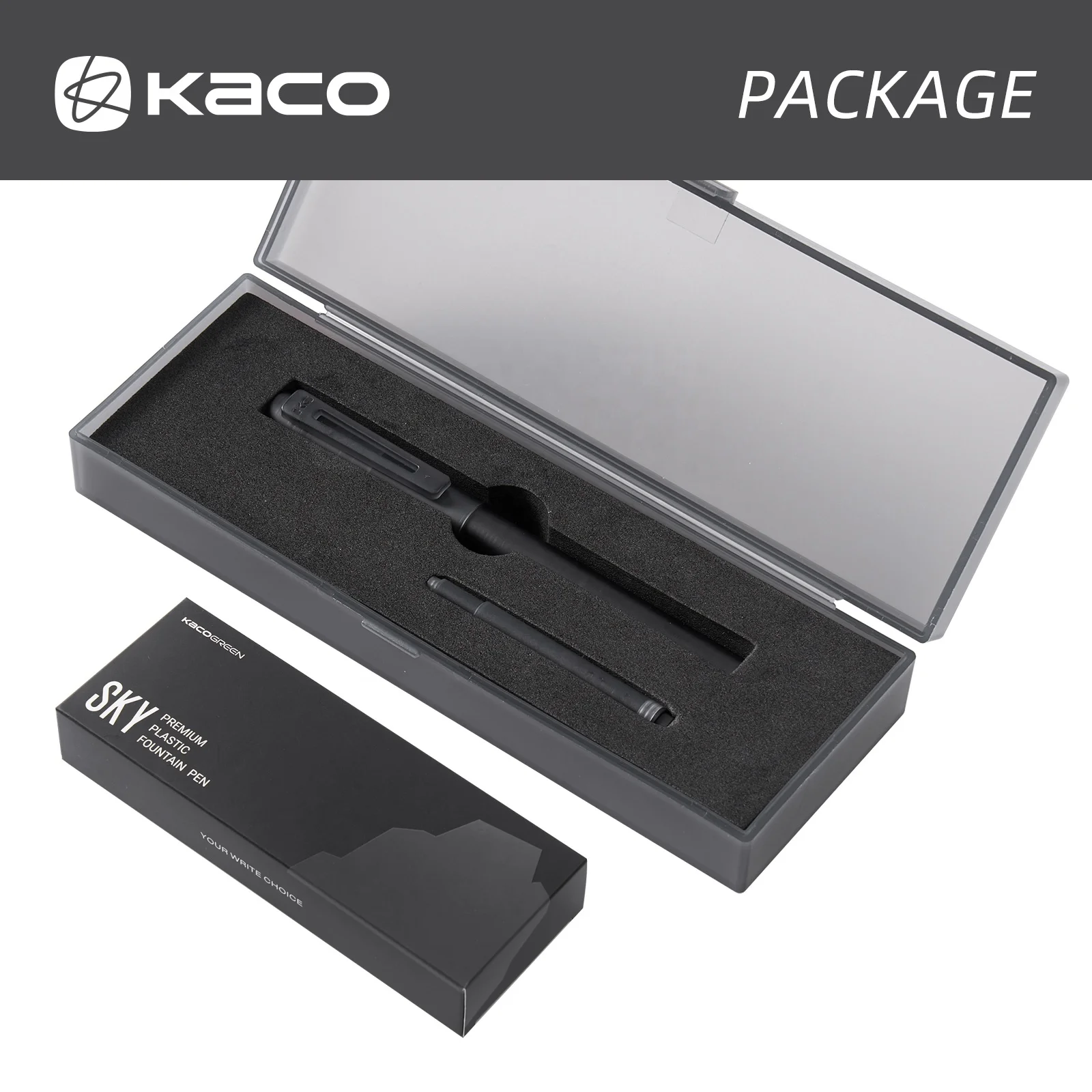 KACO SKY II Fountain Pen, Black Barrel, Extra Fine Nib with 2 Black Ink Cartridges and 1 Converter in PP Box