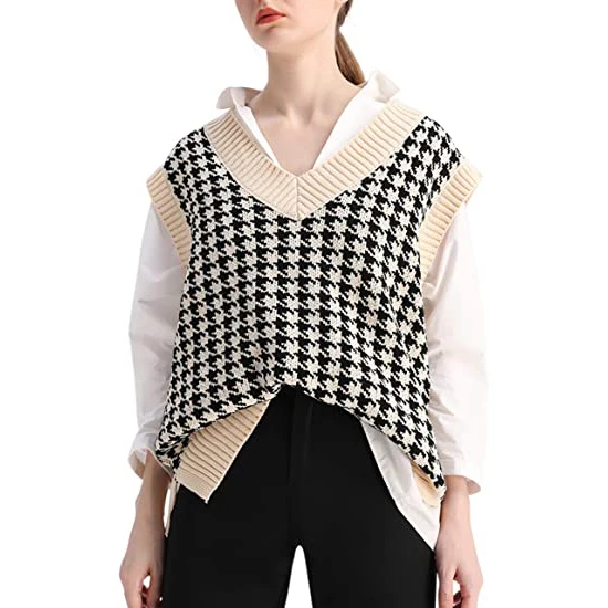 Houndstooth Sweater Vest Women Oversized V Neck Sleeveless Sweaters Cable Knit Tops Designer Manufacturer OEM