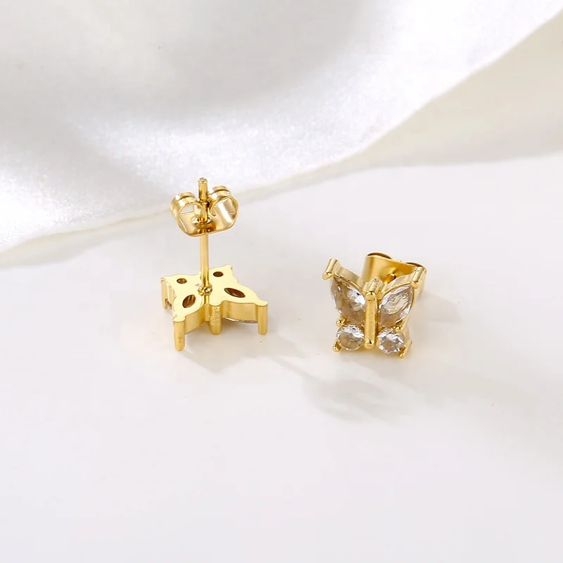 18K Gold Plated Stainless Steel Necklace And Earring Jewelry Diamond Crystal Zircon Butterfly Stud Earrings for Women