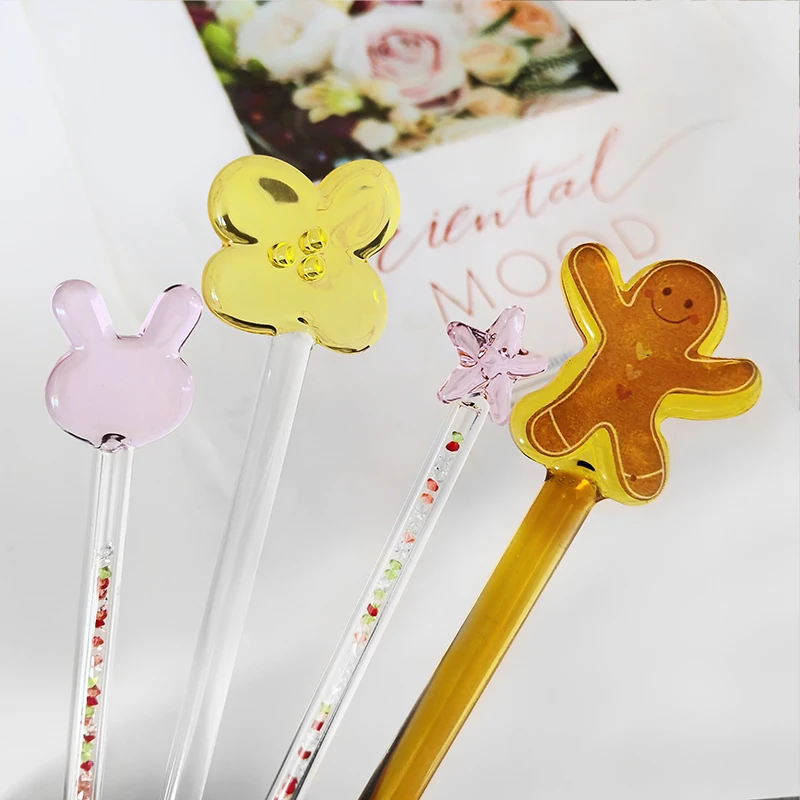 Eco-friendly High borosilicate Glass stirring rod with design Glass  Gingerbread man Glass Drinking straw Accessories