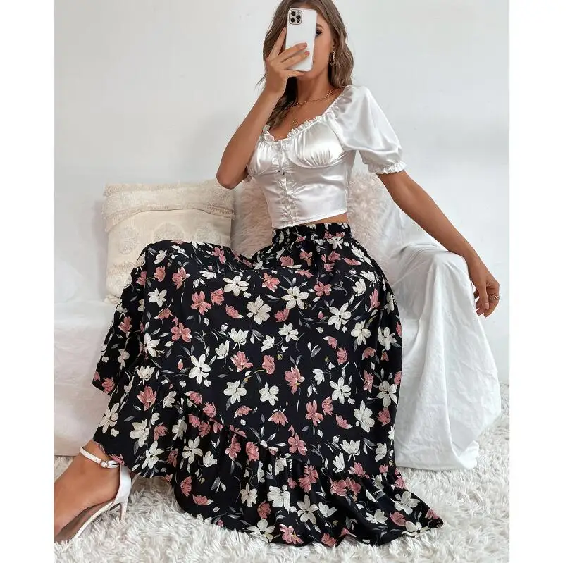 Wholesale leisure vacation style slimming floral print large size skirt for women and girls