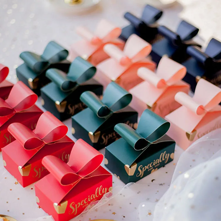 foldable beautiful art paper 3d pop up red color cute bowknot empty tea cookie chocolate gift box with custom logo stamping