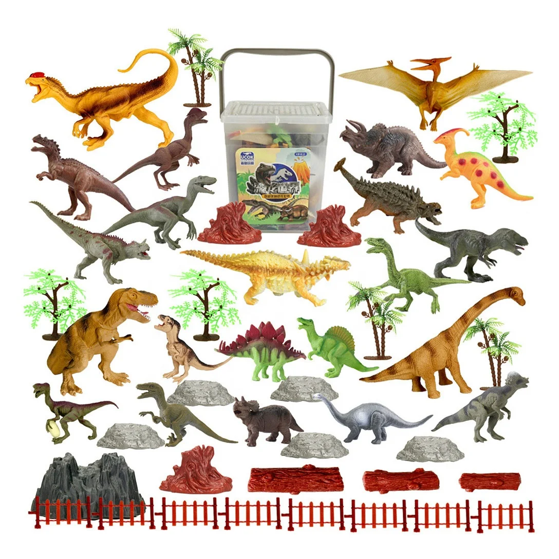 Kids Toy 50 pcs Set Box Educational 3D Cartoon Park Dino Tree Fence Simulation Model Plastic Dinosaur Figure